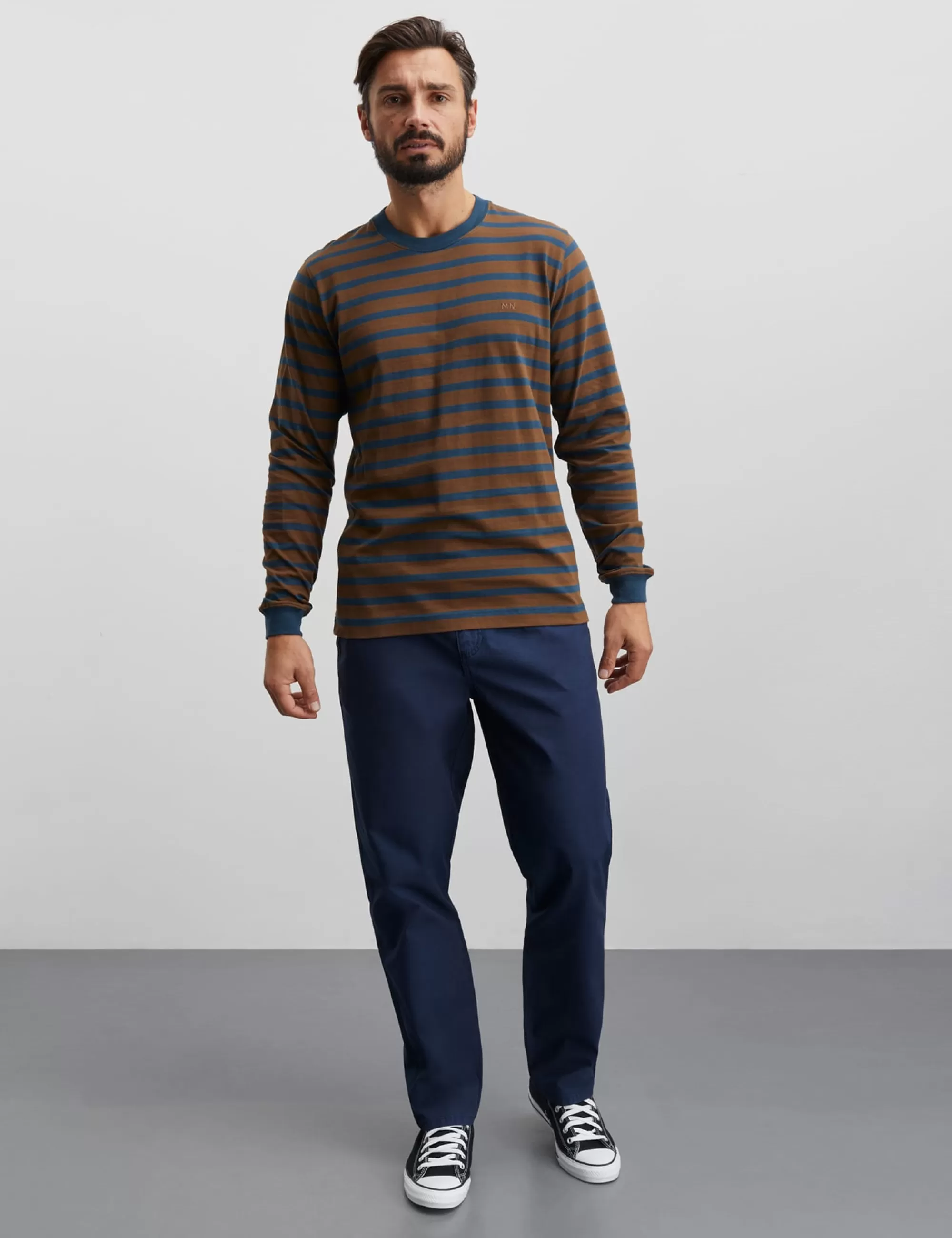 MADS NØRGAARD Cotton Jersey Stripe Frode Tee LS Midnight Navy/Desert Palm Sale