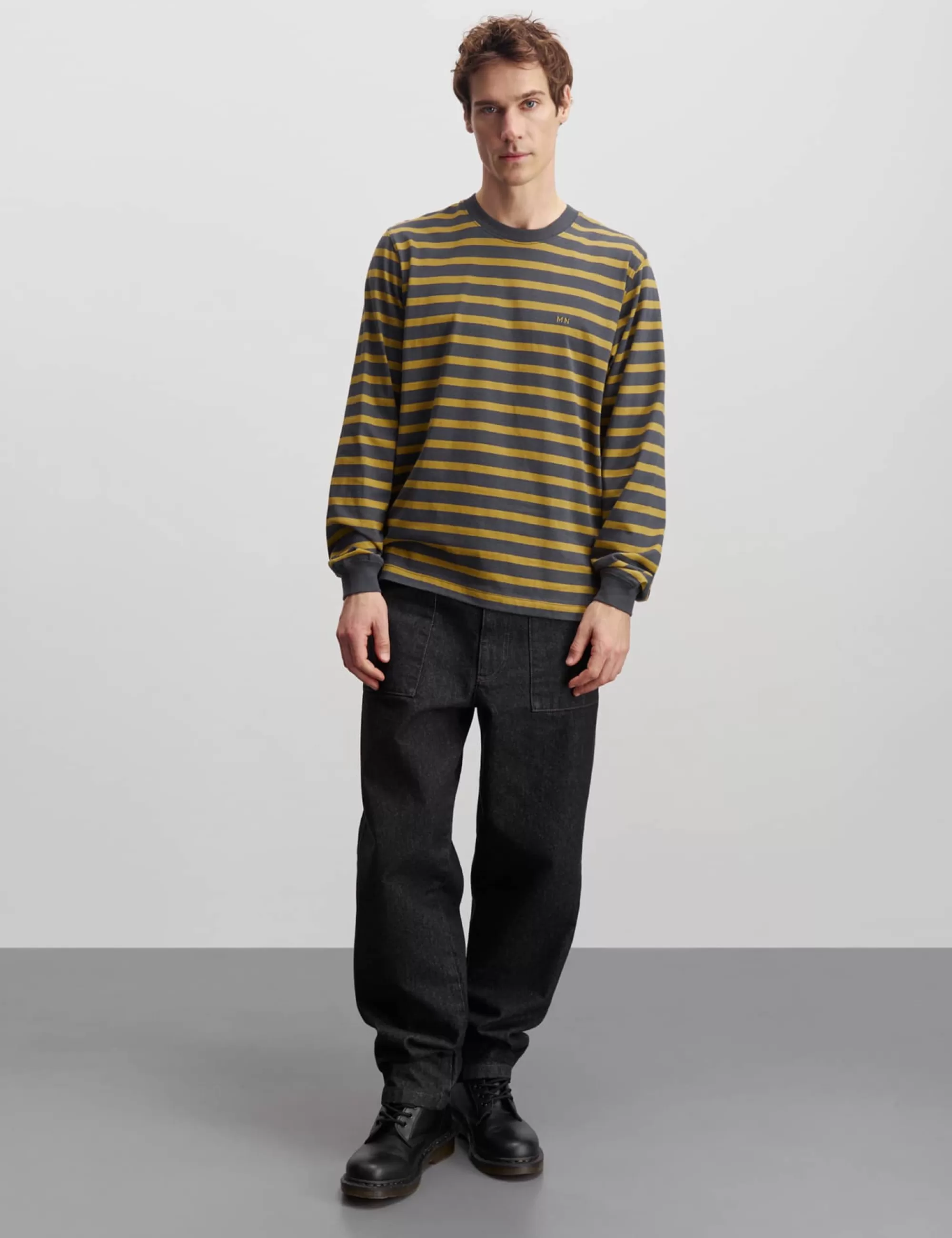 MADS NØRGAARD Cotton Jersey Stripe Frode Tee LS Willow/Black Oyster Clearance