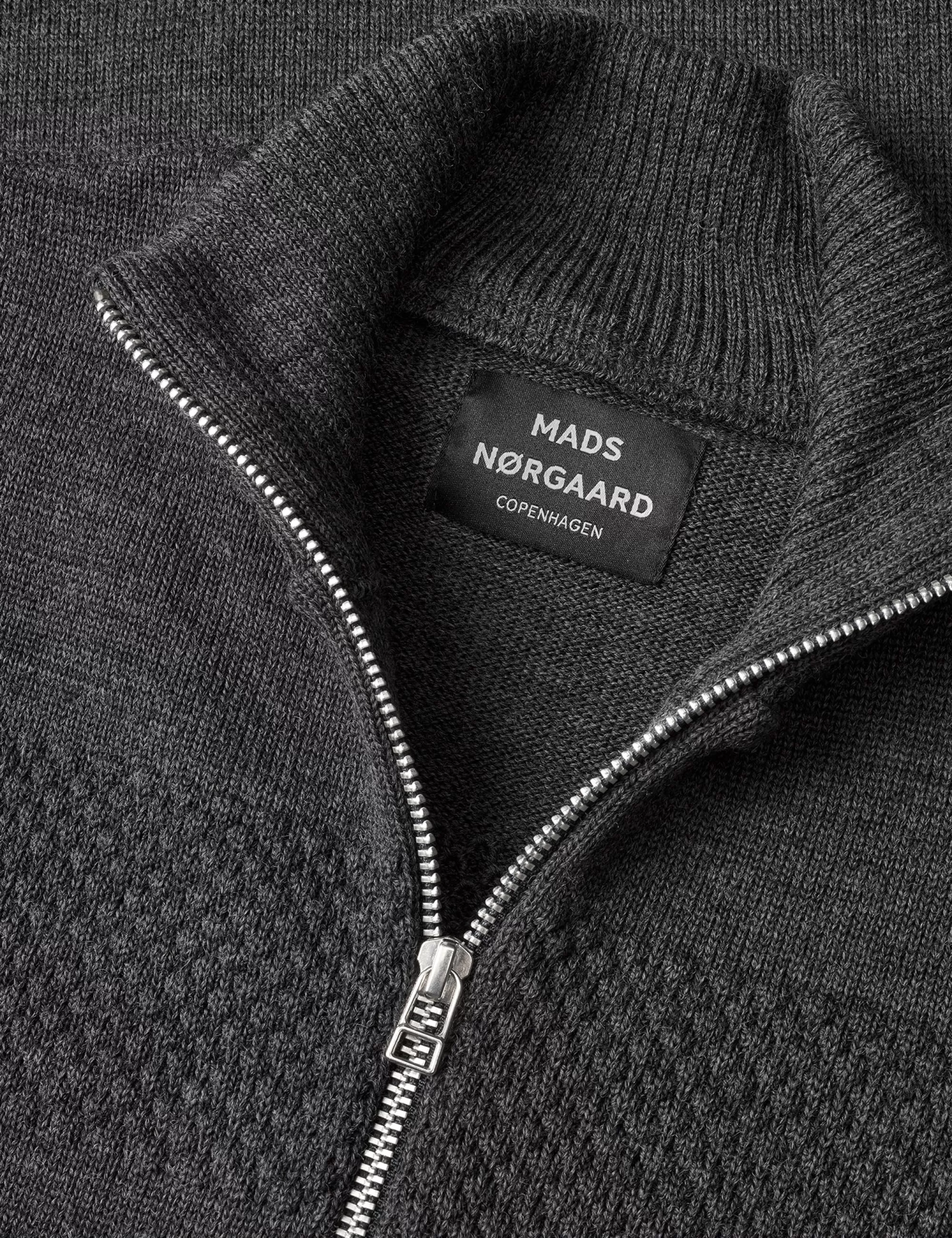 MADS NØRGAARD Wool Klemens Zip Knit Charcoal Melange Cheap